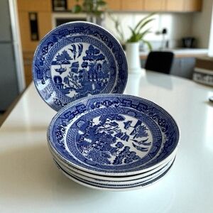 Set of 6 Antique W. Ridgway Semi China Plates Blue Willow Pattern England Plates